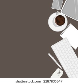 Lugar de trabajo. Tablet, teléfono, teclado, café, bloc de notas. Concepto minimalista.