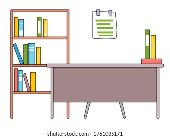 Workplace of teacher, desk or table near bookshelf isolated at white background. Notebooks and books on shelves. Study concept. School desk with chair. Sticker with notes at wall. Place for work