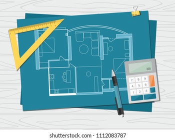 Workplace - Technical Project Architect House Plan Blueprint. Construction Background.