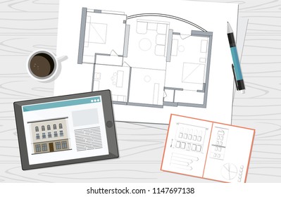 Workplace - technical project architect house plan blueprint. Construction background.