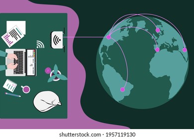 Workplace for telework or learning and Earth