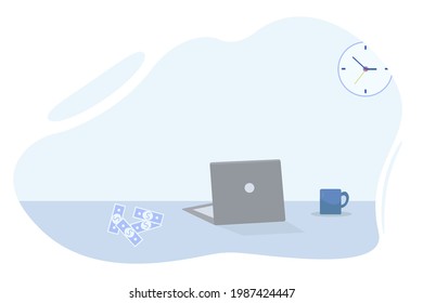 Workplace. There is an open computer on the table, money and a mug. Vector illustration