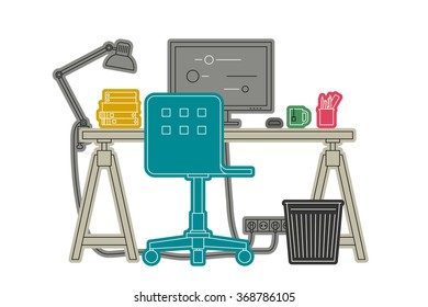 Workplace thin line illustration. Vector color illustration of workspace.