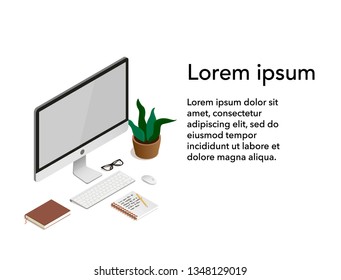 Workplace and tools for manager. Perfect for web design, banner and presentation. Modern vector isometric illustration