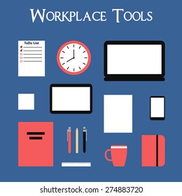 Workplace tools set. Flat style vector illustration. 