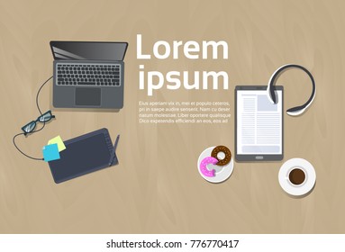 Workplace Top Angle View Template Workspace Background Laptop Computer, Coffee Cup, Notebook With Smart Phone Flat Vector Illustration