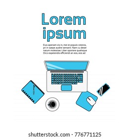Workplace Top Angle View Template Workspace Background Thin Line Laptop Computer, Coffee Cup, Notebook With Smart Phone Vector Illustration