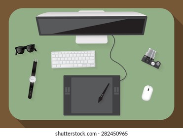 Workplace top concept Flat design Vector illustration.