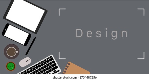 workplace top view coffee cup,cactus, pencil, phone, mouse, notebook, on gray background .concept office with laptop.word banner design,for work website.concept E-learning and business.
