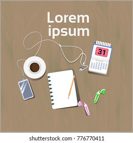 Workplace Top View Concept Workspace Background Notebook With Calendar And Smart Phone Flat Vector Illustration