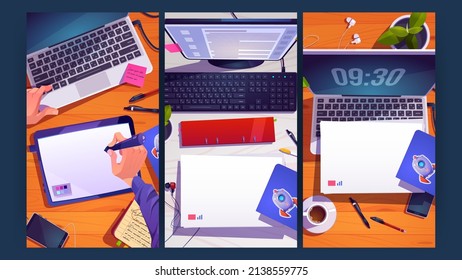 Workplace top view, designer, freelancer or office employee desks. Home work space with cup, mobile phone and documents around laptop. Place with plant and stationery, Cartoon vector illustration