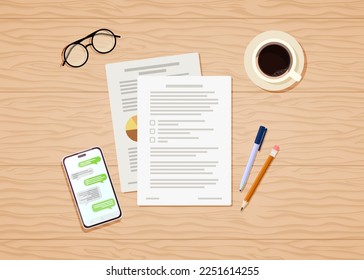 Lugar de trabajo. Vista superior del escritorio. Vector plano sobre la tabla de documentos sobre el informe, las finanzas, el gráfico. Dibujo de caricatura de una taza de café, gafas, un lápiz y un teléfono con chat.