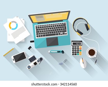 workplace - top view - flat design - laptoop blue - desk