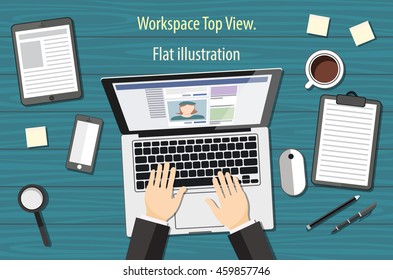 workplace - top view - flat design - laptoop blue - desk vector art