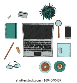 Workplace. Top view. Hand-drawn style. Vector cartoon illustration. Isolated objects on a white background.