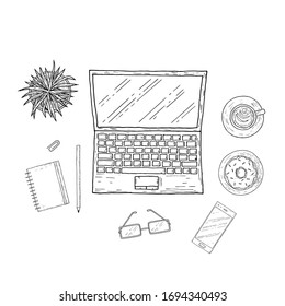 Workplace. Top view. Hand-drawn style. Vector cartoon illustration. Isolated objects on a white background.