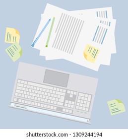 Workplace top view. Illustration vector of workplace with laptop and documents.