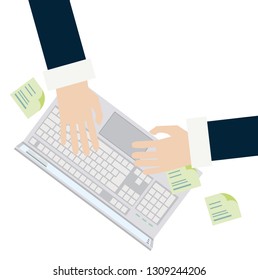 Workplace top view. Workplace illustration vector with laptop and stickers