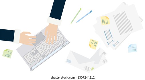 Workplace top view. Illustration vector of workplace with laptop and documents.