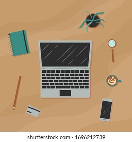 Workplace. Top view. Isolated objects. Vector cartoon illustration. Flat design.