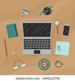 Workplace. Top view. Isolated objects. Vector cartoon illustration. Flat design.