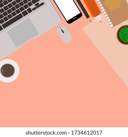 workplace top view laptop and coffee cup,phone, mouse, notebook on orange pastel background.concept office with laptop,for work website.vector illustration.