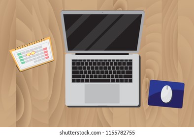 Workplace top view of laptop flat design with mouse and spiral calendar,isolated on wooden textured table