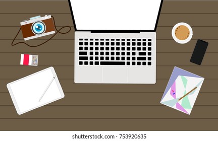 Workplace top view with laptop smartphone camera tablet coffee and flower pot space flat Vector Illustration work digital