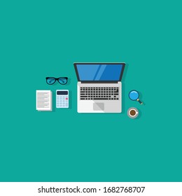 workplace top view, laptop,glasses,magnifying glass,coffe.vector illustration.flat design.