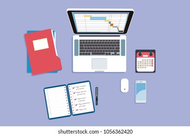 Workplace. Top view of a office table with a laptop, notebook, folders, calendar and smartphone. Vector illustration.