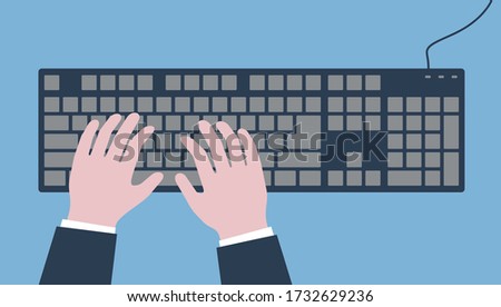 Workplace. Top view. Vector illustration with hands above the keyboard on the desk.