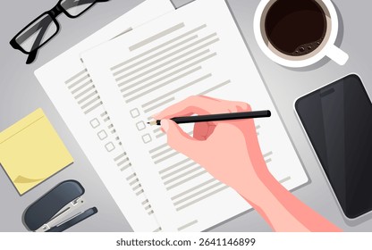 Workplace. Top view of work desk. Flat vector laying on gray table with office supplies. Realistic cup of coffee, glasses sticker, pencil, stapler and phone. Signing documents.