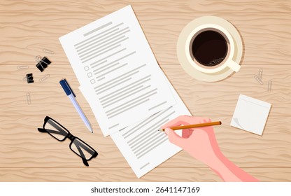 Workplace. Top view of work desk. Flat vector laying on gray table with office supplies. Realistic cup of coffee, glasses sticker, pencil, pen, clip, paper clip and sticker. Signing documents.