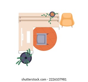 Workplace top view. Work table, computer desk, chair and carpet, overhead plan. Home office, study room from above, furniture and plants. Flat vector illustration isolated on white background