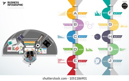 Workplace - Top view of working business group sitting - Icon percent Step 10%-100% and graph - modern design Idea and Concept Vector illustration Infographic template.