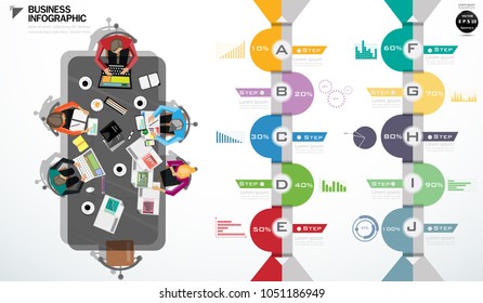 Workplace - Top view of working business group sitting - Icon percent Step 10%-100% and graph - modern design Idea and Concept Vector illustration Infographic template.