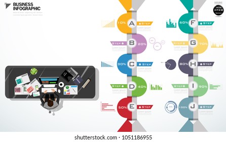 
Workplace - Top view of working business - Icon percent Step 10%-100% and graph - modern design Idea and Concept Vector illustration Infographic template.