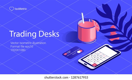 Workplace trader illustration, work desk, isometric banner, vector illustration for landing or web site