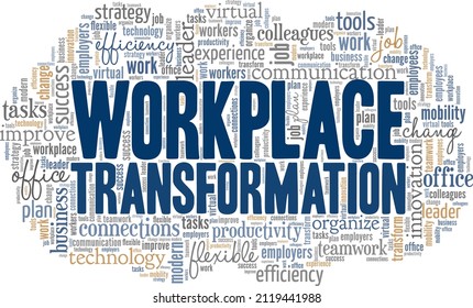 Workplace Transformation ilustración conceptual vectorial nube de palabras aislada en fondo blanco.