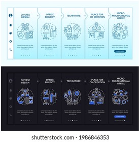 Workplace trends onboarding vector template. Responsive mobile website with icons. Web page walkthrough 5 step screens. Co-creation zone night and day mode concept with linear illustrations