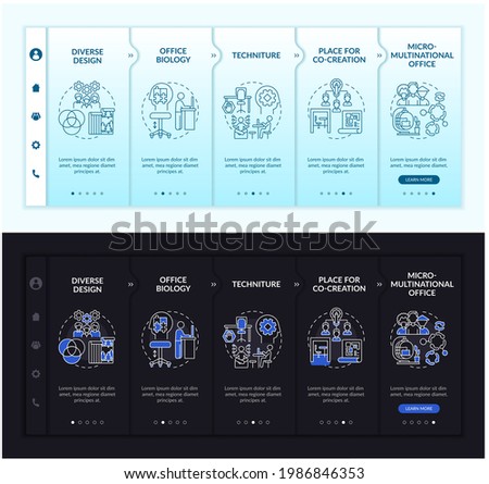 Workplace trends onboarding vector template. Responsive mobile website with icons. Web page walkthrough 5 step screens. Co-creation zone night and day mode concept with linear illustrations