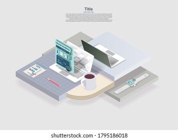 Workplace with two laptops a Cup of coffee and a web interface in isometry. Vector banner