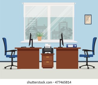 Workplace for two office workers in blue color. Vector flat illustration. On the picture the tables, a chairs, the computers, printer and other objects are situated on a window background