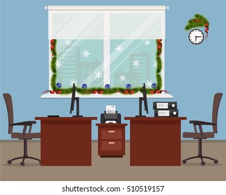 Workplace for two office workers, decorated with Christmas decoration. There is tables, chairs, computers, a printer and other objects on a blue background in the picture