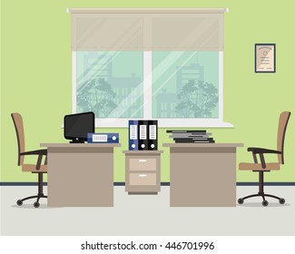 Workplace for two office workers. Vector flat illustration. On the picture the tables, a chairs, the  computer,  folders and other objects in beige colors are situated on a window background