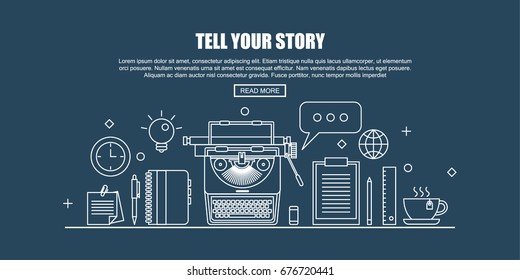 Workplace with typewriter and Blogger tools. Blogger concept header. Flat Thin line Designed Vector Illustration