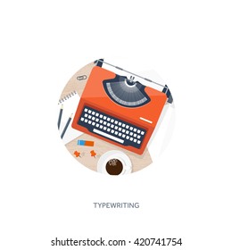 Workplace with typewriter. Flat design.Writing a blog,blogging.Storytelling technique.Copywriting.Retro typewriter with paper sheet.Blog development tools.Typing on manual typewriter.Create your blog.