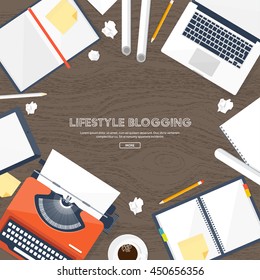Workplace with typewriter. Flat design.Writing a blog,blogging.Storytelling technique.Copywriting.Retro typewriter with paper sheet.Blog development tools.Typing on manual typewriter.Create your blog.