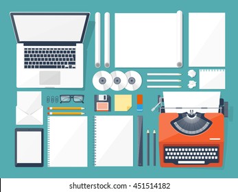 Workplace with typewriter. Flat design.Writing a blog,blogging.Storytelling technique.Copywriting.Retro typewriter with paper sheet.Blog development tools.Typing on manual typewriter.Create your blog.