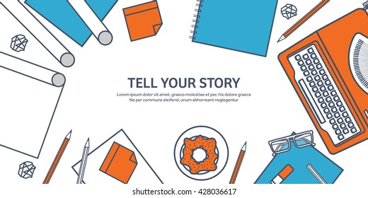 Workplace with typewriter. Flat outline design.Line art,lines.Writing a blog,blogging.Copywriting.Retro typewriter with paper sheet.Blog development tools.Typing on manual typewriter.Create your blog.